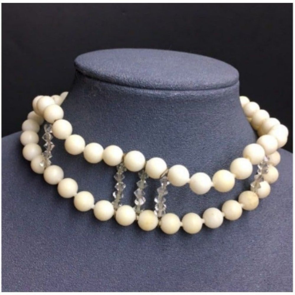 VTG Pop Bead Necklace Choker Double White Clear Faceted Adjustable Retro